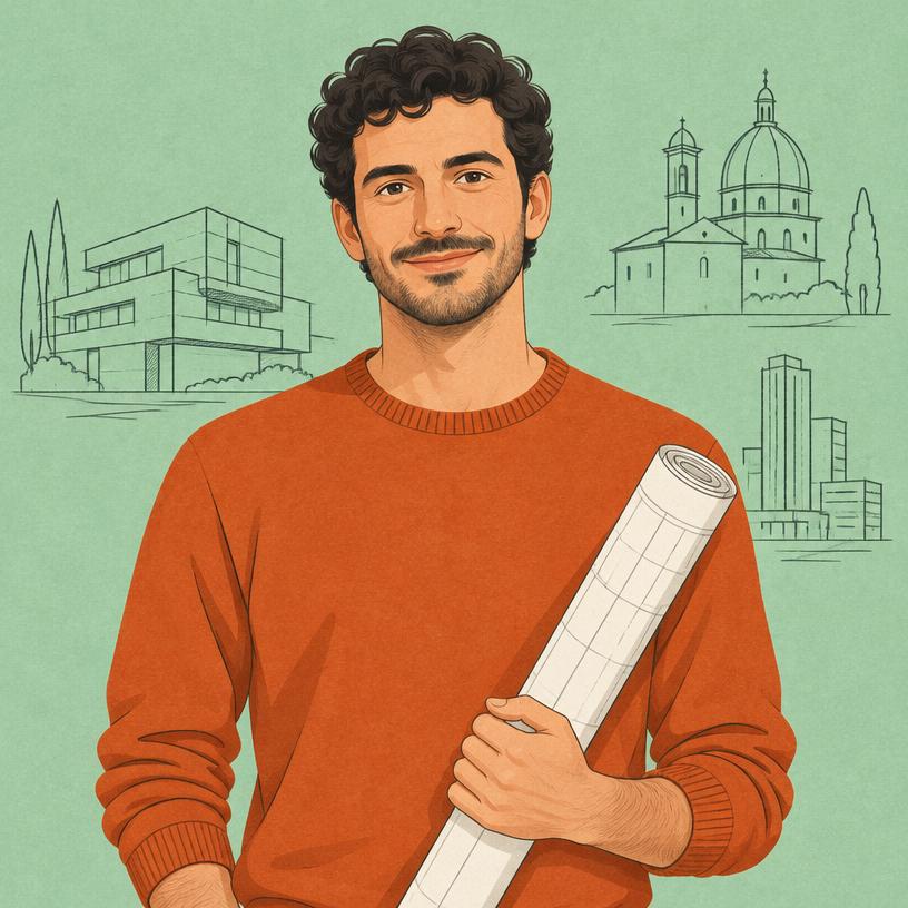 Marco holding building plans in front of buildings